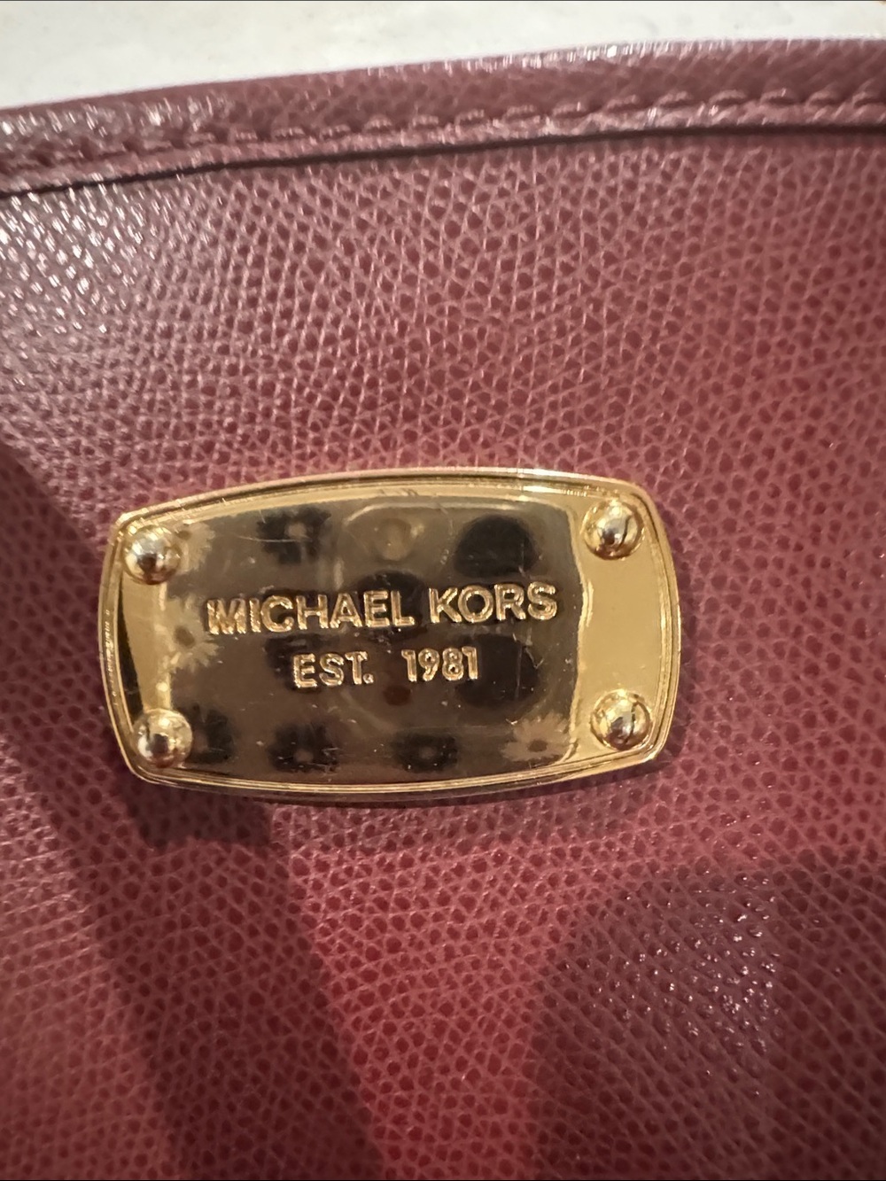 Michael Kors Maroon Leather Tote with Gold Plaque - Picture 2 of 3